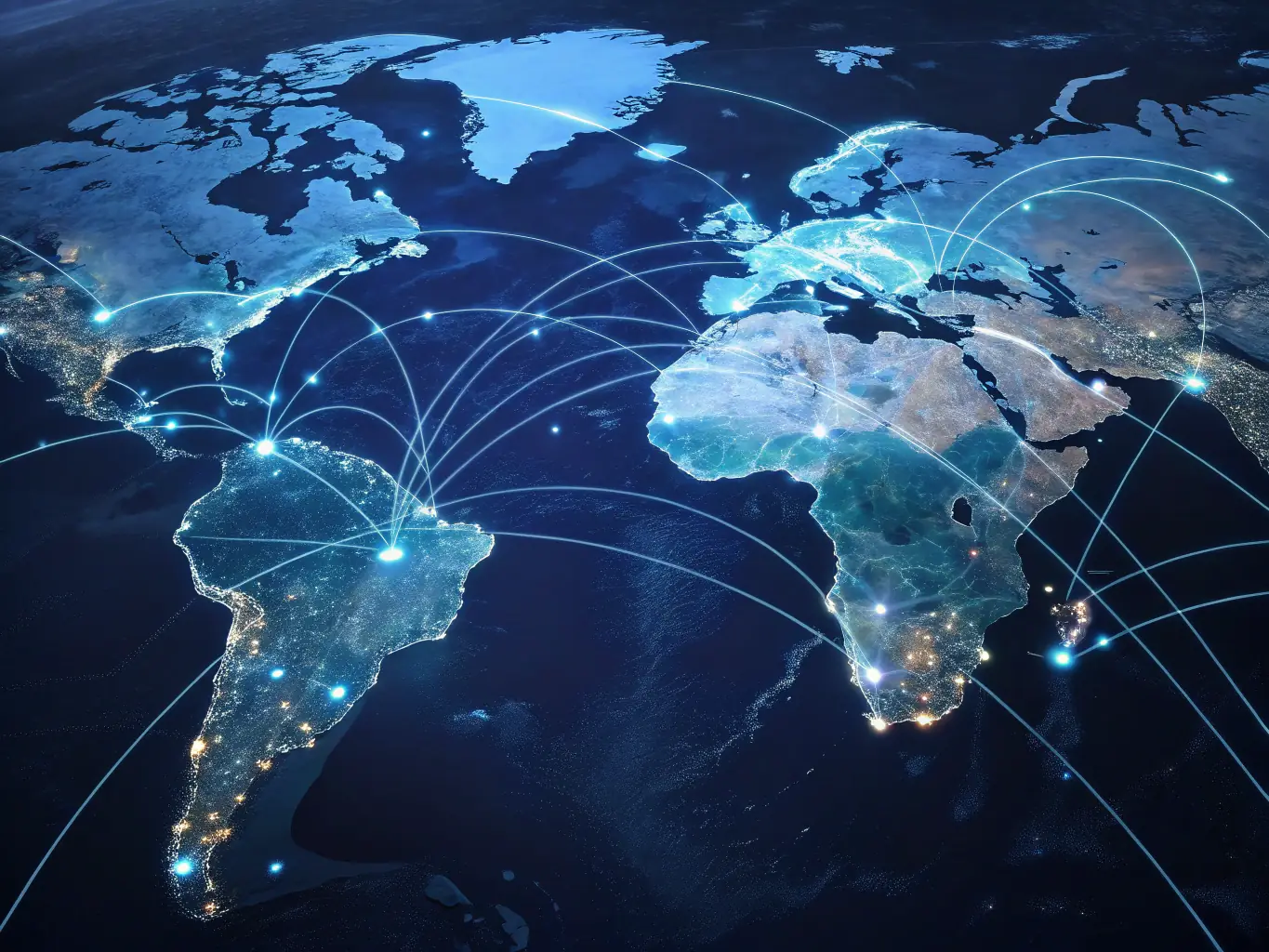 An image showing a world map with interconnected lines representing global money transfer routes, symbolizing BP-Remit's global transfer service.